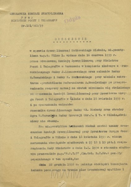 KKE 5597.jpg - Dok. Odpis orzeczenia Odwoławczej Komisji Dyscyplinarnej przy Ministerstwie Poczt i Telegrafów w Warszawie, Warszawa, 16 VI 1939 r.